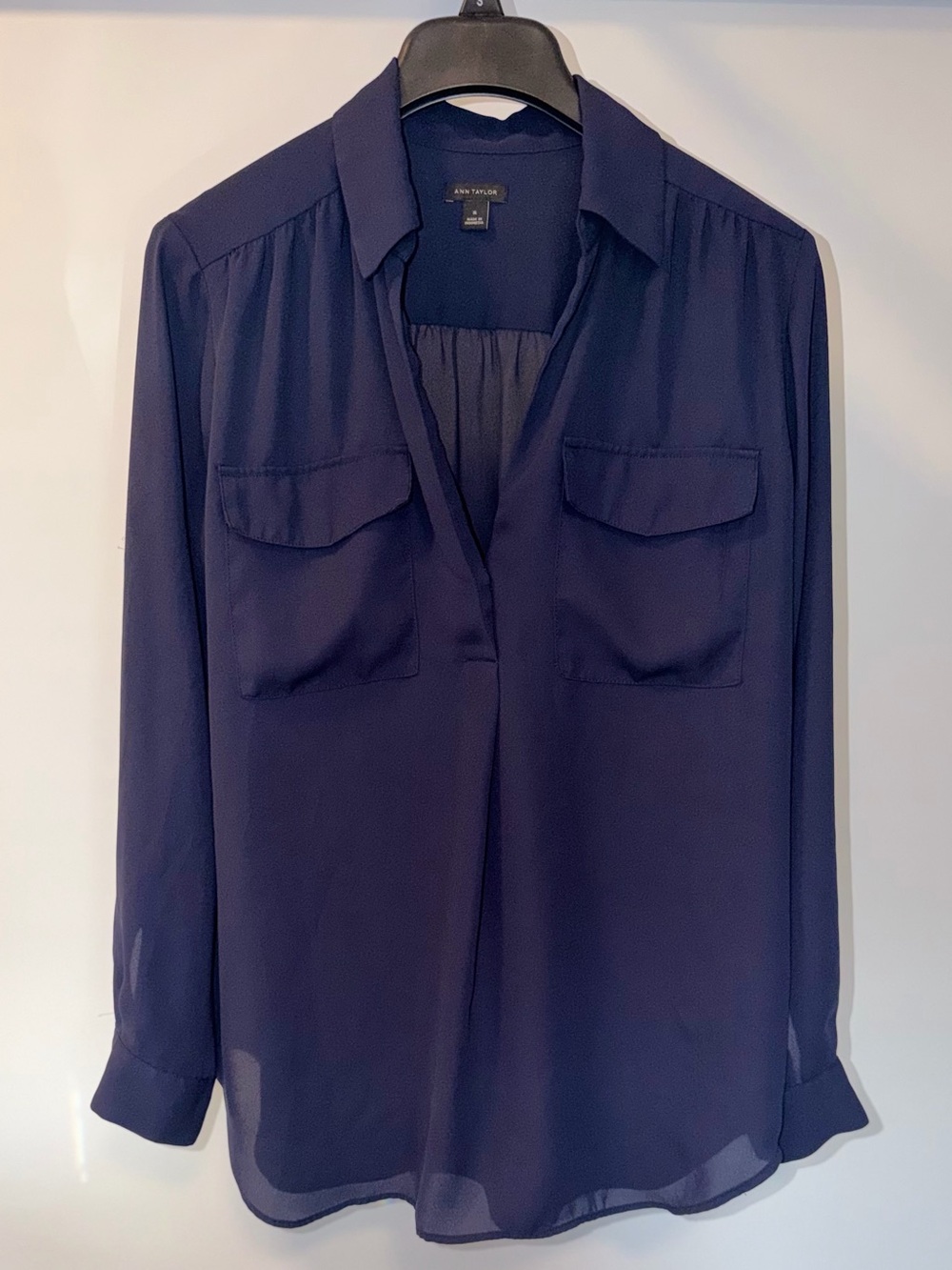 Ann Taylor Deep Navy Split-Neck Button-Front Blouse